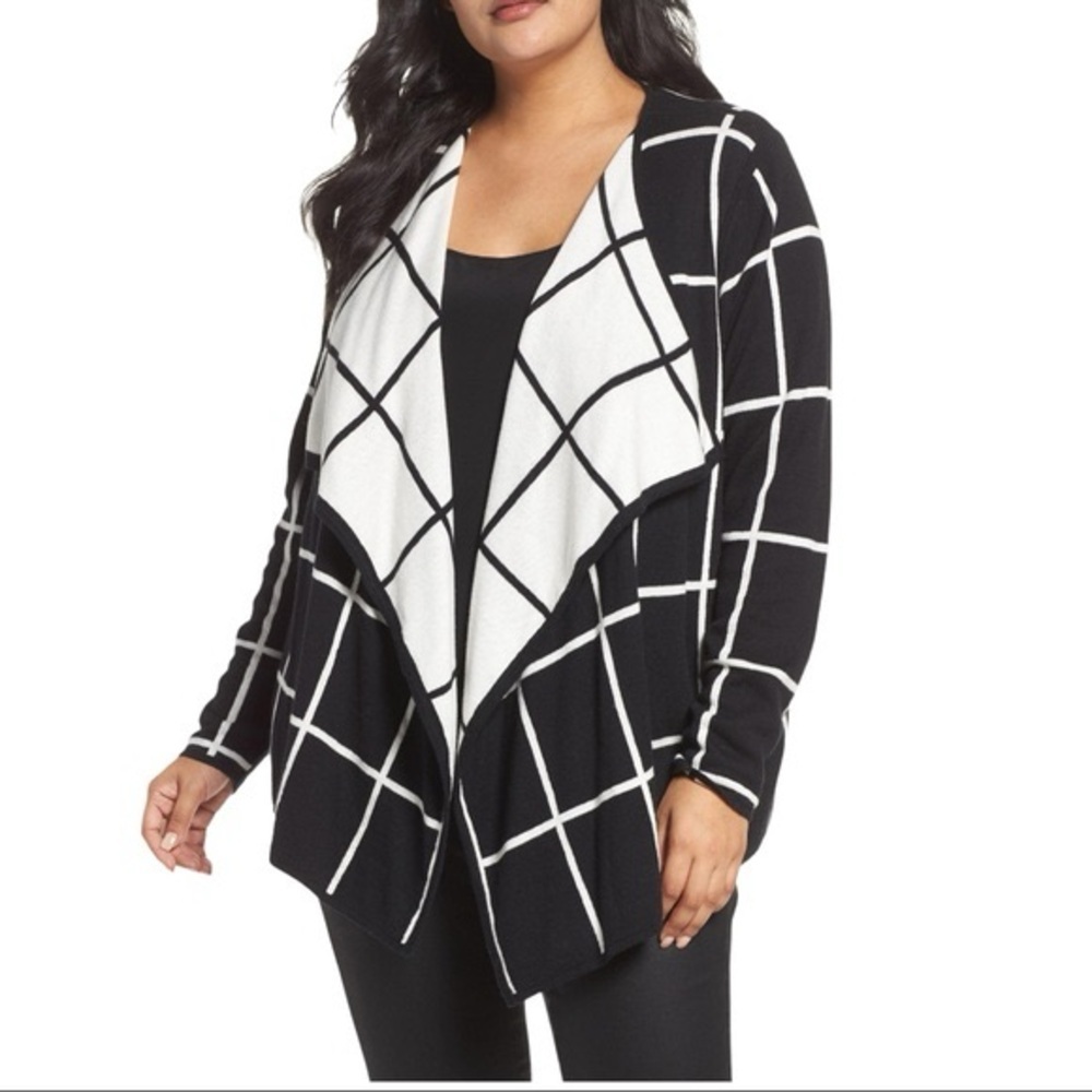 Foxcroft April Windowpane Waterfall Open Front Cardigan SIZE XL Black White